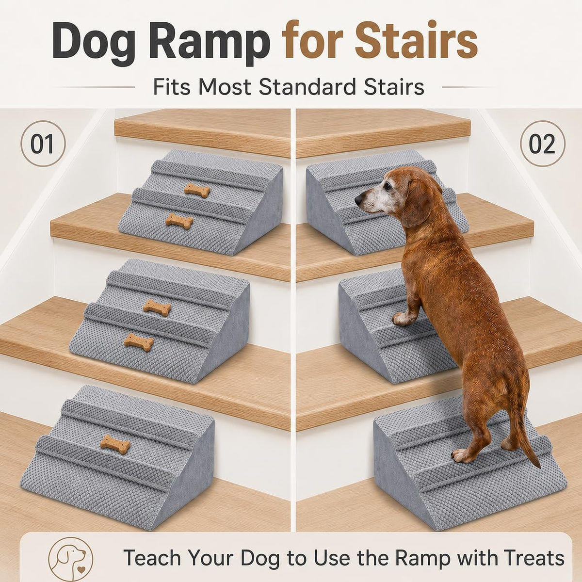 Dog Ramp for Stairs & Couch, Anti-Slip Pet Steps for Small, Large & Senior Dogs & Cats, Foldable Dog Ramp for Bed & Car, Safe Puppy Stairs with Washable Cover & Pad (2)