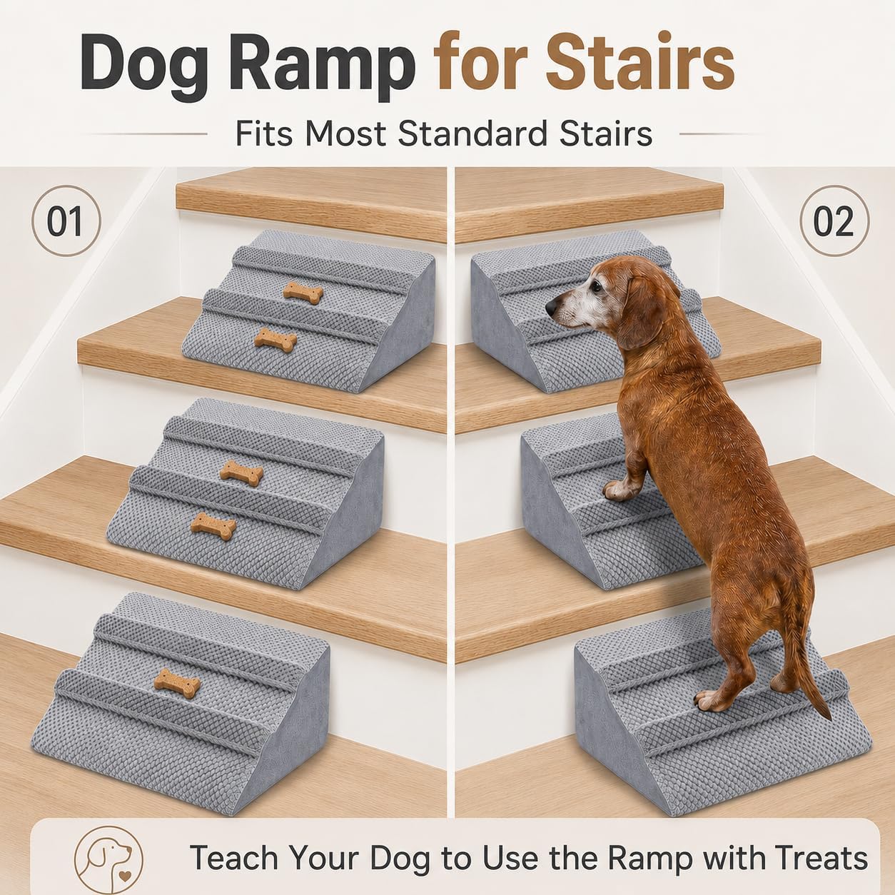 Dog Ramp for Stairs & Couch, Anti-Slip Pet Steps for Small, Large & Senior Dogs & Cats, Foldable Dog Ramp for Bed & Car, Safe Puppy Stairs with Washable Cover & Pad (2)